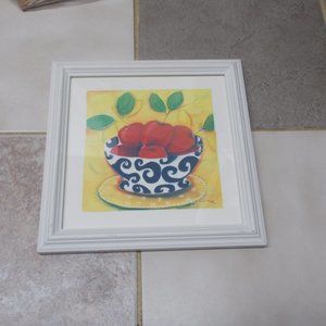 Bowl of fruit print, signed in white wood frame, ready to mount